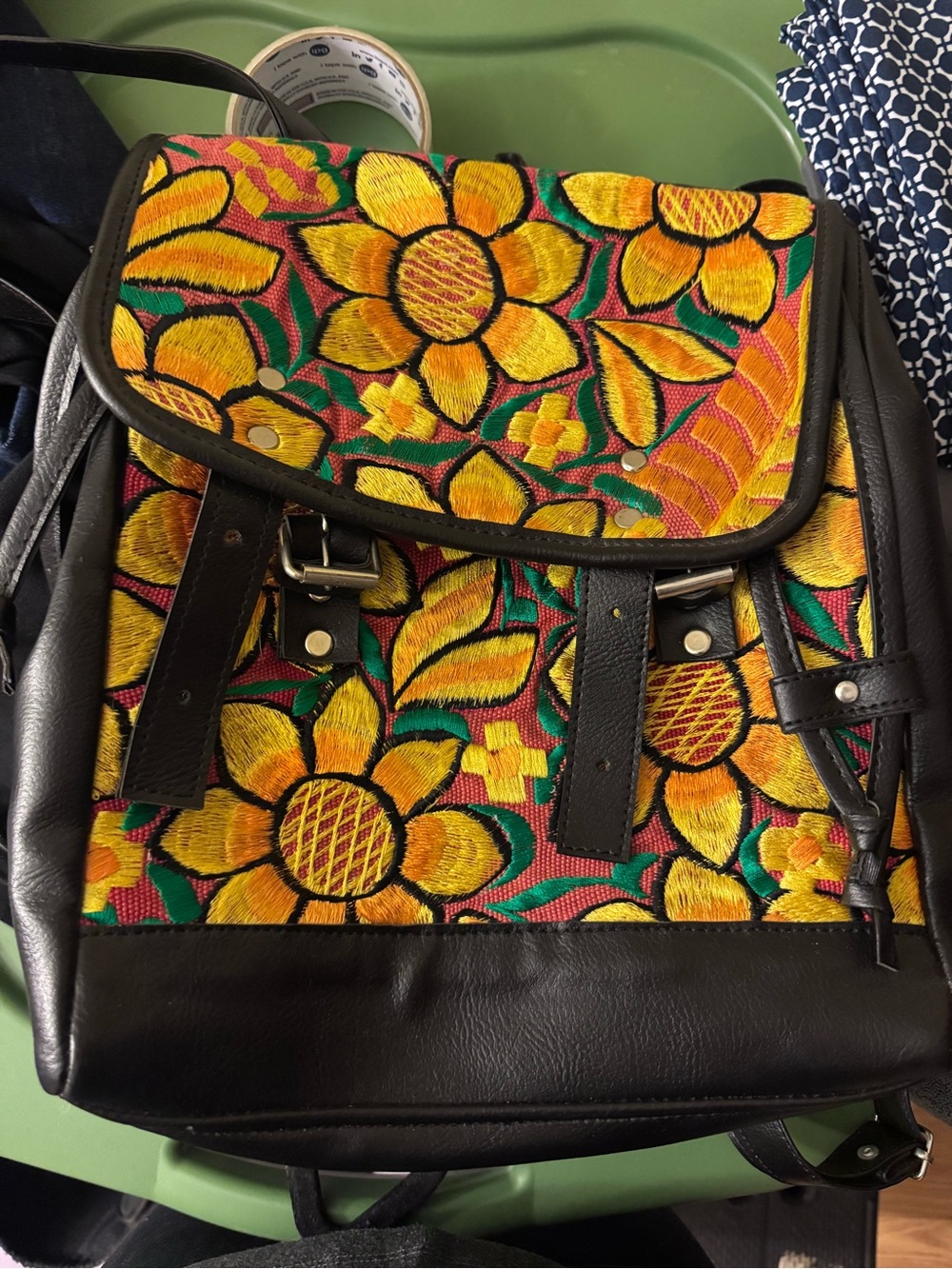 Embroidered Yellow Floral Backpack Handbag